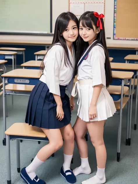 ((high quality,high resolution,High definition,8k)),School classroom,Baby Faced Girl,Long Black Hair,Red ribbon on hair,Navy blue long skirt,Japanese Sailor Suit,Blue and white slippers,White socks,Study desk learning,((((very cute)))),((What to wear(Schoo...