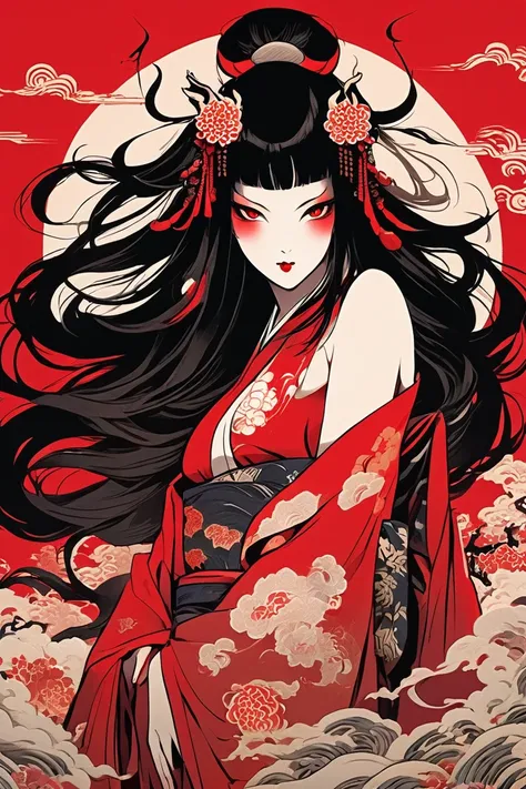 A girl with long loose black hair, crimson red eyes. Deep red lipstick, red eye shadow , very big breasts demon, nude dancing , geisha clothes , big breasts, (arms behind back), 