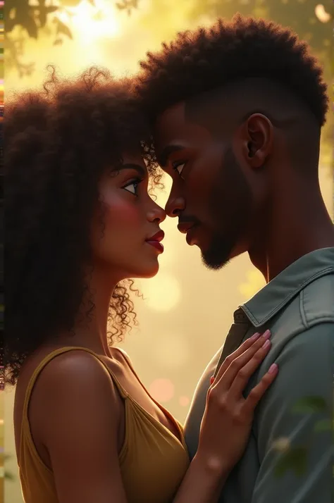 A teenage couple, she is brown with curly hair to her shoulders, is negro 