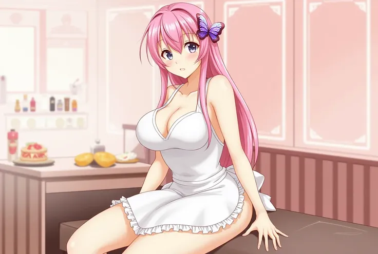 One Girl, alone, Nakano Nino, Pink Hair, Butterfly Hair Ornament, (naked:1.3), (White apron), Large Breasts, Cleavage, Thighs, Cafe Background, (blush:1.3)