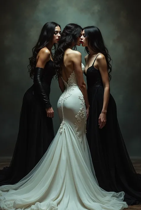 Masterpiece, 
Beautiful bride in white dress seduced by alluring lesbian vampires, evil, gothic black lace dress, flattering, cleavage, Long Hair, kiss, kissing, bride turning into vampire, evil aura, dark, evil, sexy, (full body)