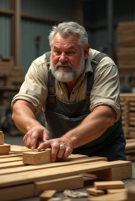 I want a man a little older, about 5 , a little chubby, sweaty from his work , cutting wooden sticks , for the construction of a wooden pallet. I want him to be inside a factory and for the man to be serious. , focused 