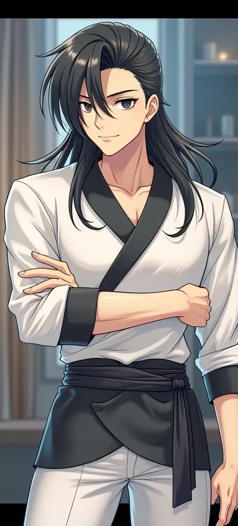 ((Best quality)), black long hair guy, black eyes