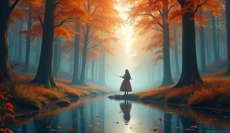 Create a hyper-realistic illustration of a magical autumn forest, featuring vibrant orange and red foliage on tall trees. The scene is bathed in soft, ethereal lighting that creates a dreamy atmosphere. In the distance, depict a woman in a flowing dress pl...