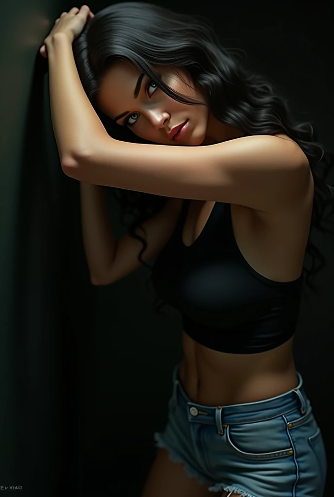 Realistic image of a slender woman with a large body, 3, long black wavy hair, green eyes, is in profile, leaning against a wall, wearing a black top and short jeans. She has a defiant expression..