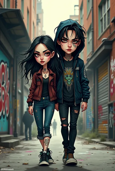 Create a punk cartoon image of a couple walking down a graffitied street, the hiphop style boy and the gothic style girl, that the design is a cyber punk illustration type but in caricature, the two tattooed and white with a serious and gloomy face, type o...