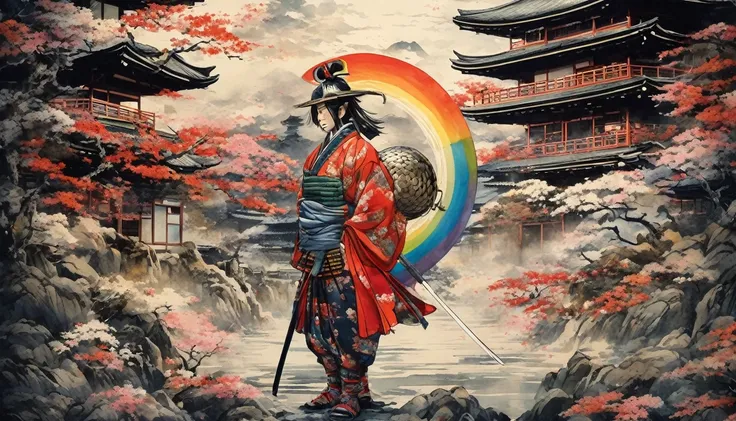 A fusion of watercolor and oil painting, A fusion of paper cutting and shadow art, Mix of Japanese paintings, Ukiyo-e and woodblock prints, Mixing monochrome and color, Conceptual installation art, nice (Helmet, armor, armor), warrior, Haori and Hakama, Gl...