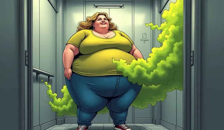 Beautiful blonde morbidly obese woman with a t-shirt and jeans releasing olive green fart stink from her backside in a grey elevator, comic book artstyle