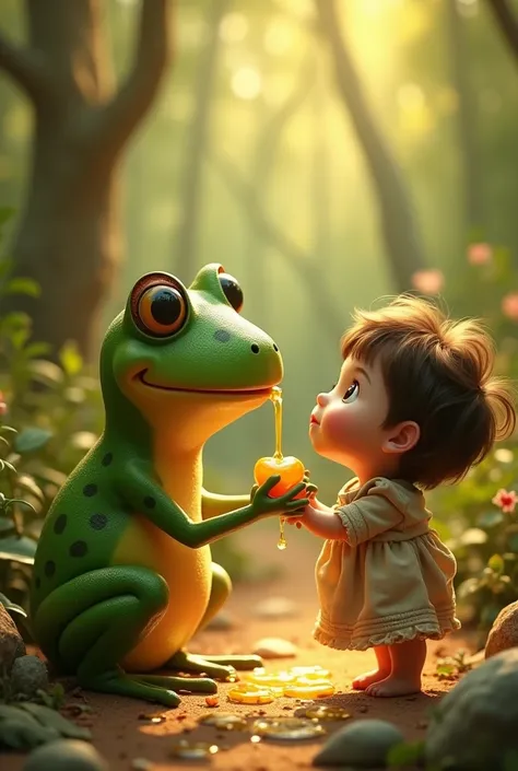 A frog giving its syrup to a child