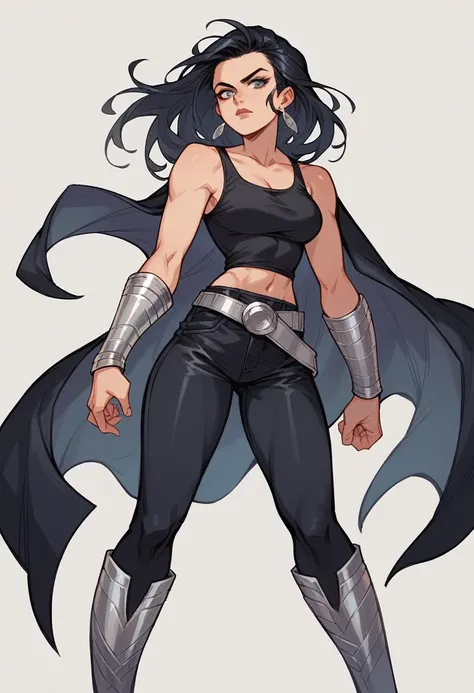 1girl, long black hair, earrings, long black tank top, silver belt, black leggings, silver bracers, silver long boots, dc comics