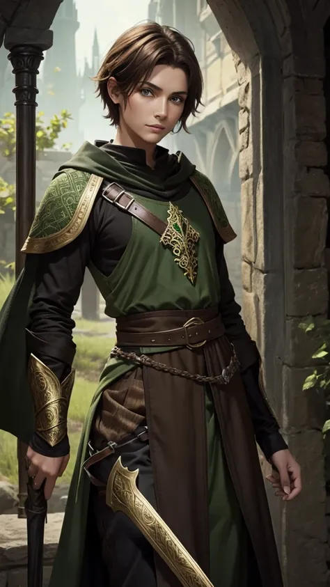 Medieval fantasy god, brown short hair, green eyes, black and green tunic