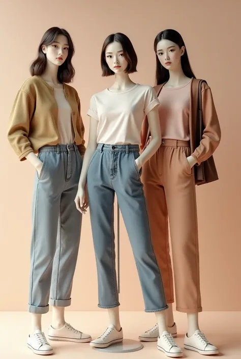 3 mannequins with casual outfits, youthful Asian fashion girls dresses and pants