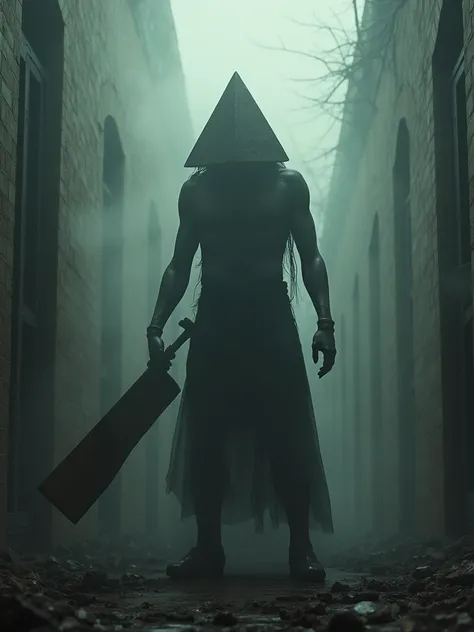 Hyperrealistic 3D render of Pyramid Head from Silent Hill, extremely detailed and high-resolution, featuring volumetric fog and dynamic lighting with strong contrast. The image has a cinematic composition set in a dark, atmospheric environment. The color p...