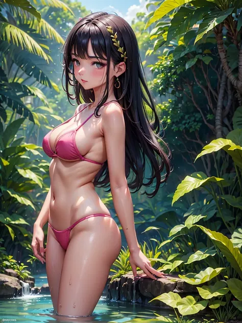 Description (alt text)
A stylized illustration of a woman in a pink bikini standing in a lush, tropical setting with cascading water in the background. She has long dark hair and large gold earrings, posing with a confident gaze over her shoulder. The scen...