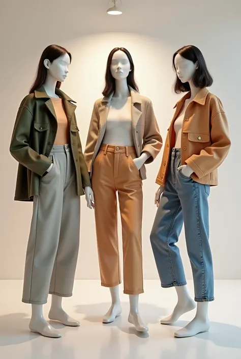 3 mannequins with casual outfits, youthful Asian fashion girls dresses and pants