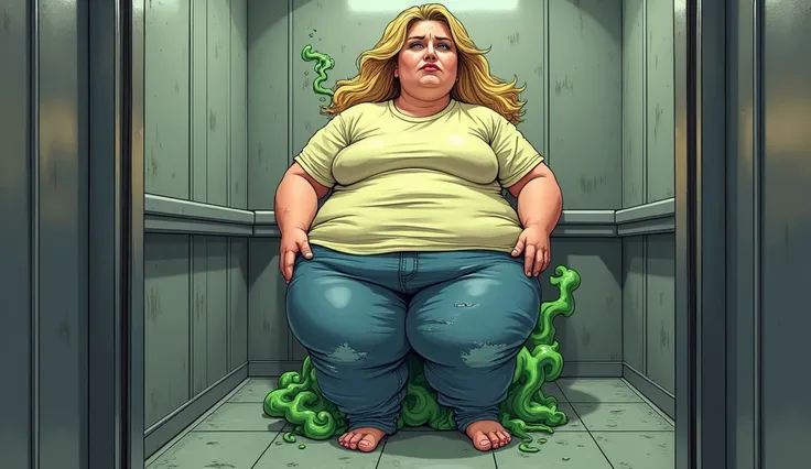 Beautiful blonde morbidly obese woman with a t-shirt and jeans releasing olive green fart stink from her buttcheeks in a grey elevator, comic book artstyle