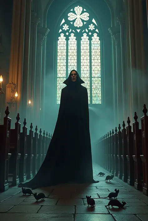 Create me an image of nosferatu in a cathedral with a black cloak and rats on the floor 