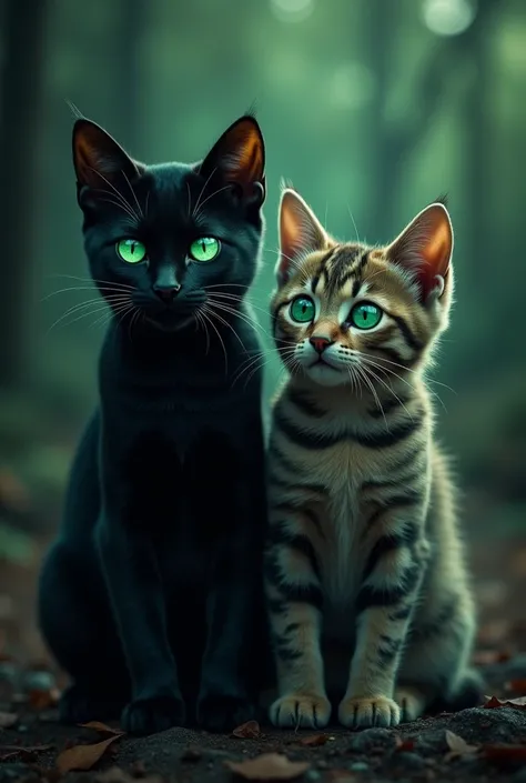 Black cat with green eyes and tabby cat with white eyes with green eyes 
