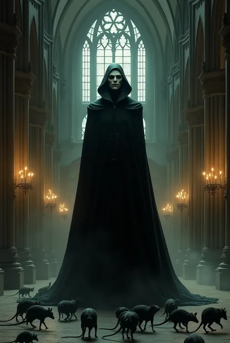 Create me an image of Nosferatu the vampire in a cathedral with a black cloak and rats on the floor 