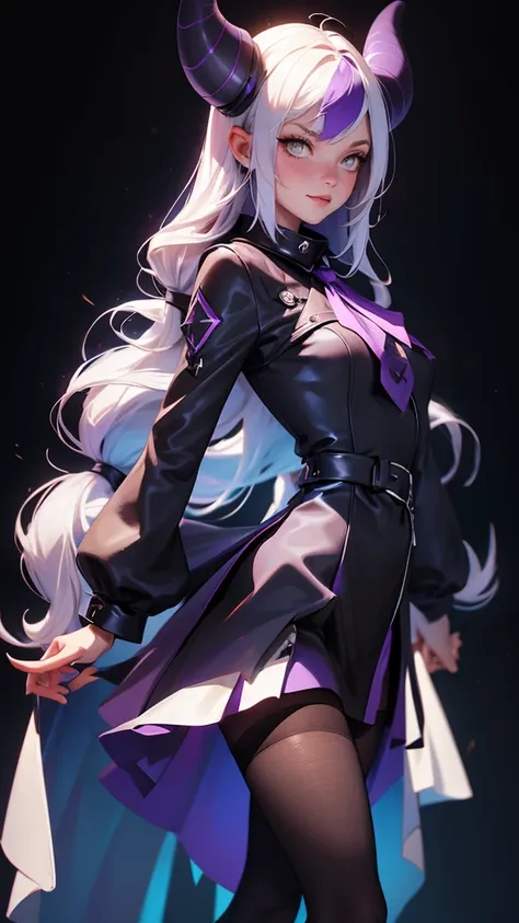 envision a 8k, highres, cinematic, beautiful full body design sheet of a girl named Laplus Darkness with long white muilticolored hair, a Large Metal Collar, purple color scheme, sleeves past wrists, sleeves past fingers, braid, Long sleeves, single leg pa...