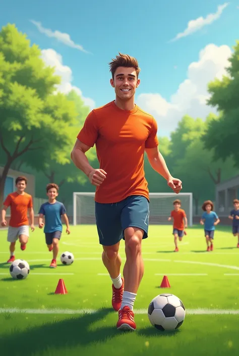 a young white guy with brown hair and eyes being a physical education teacher on a soccer field