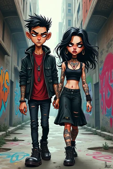 Create a punk cartoon image of a couple walking down a graffitied street, the hiphop style boy and the gothic style girl, that the design is a cyber punk illustration type but in caricature, the two tattooed and white with a serious and gloomy face, type t...