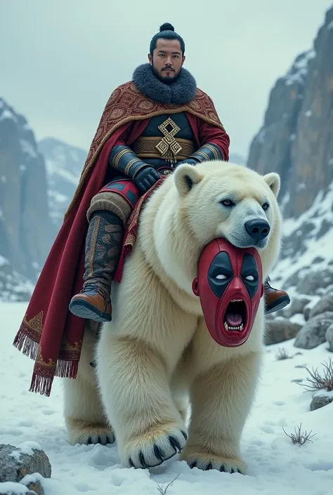 ozai, Korean actor Daniel Dae Kim, riding a polar bear with deadpool&#39;s head in its mouth 