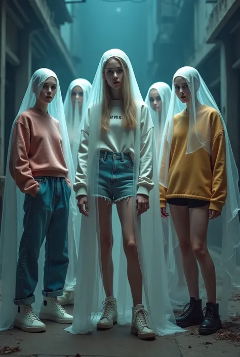 Ghosts wearing modern and casual outfits, a different outfit for each ghost and they are posing as models in a spooky but fun and eye-catching environment