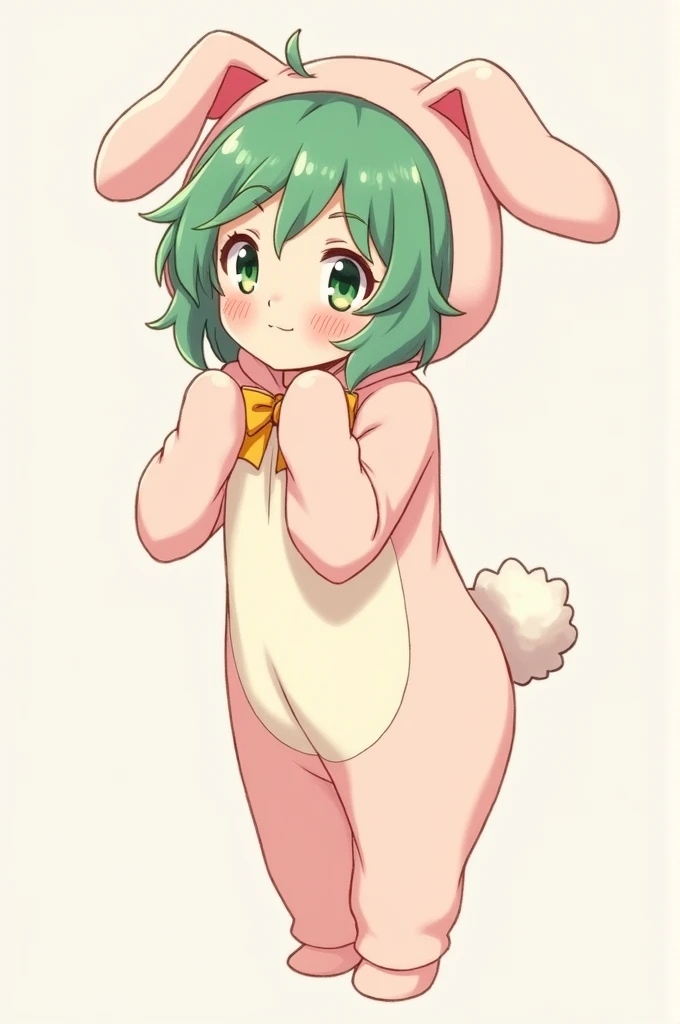 Izuku Midoriya blushing and looking down, She is wearing a bunny suit