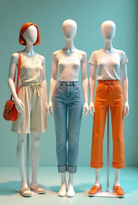 3 mannequins with casual, fashionable, youthful outfits for girls, dresses and pants and accessories in cool tones