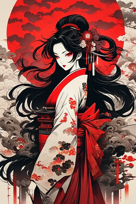 A girl with long loose black hair, crimson red eyes. Deep red lipstick, red eye shadow , very big breasts demon, geisha clothes , big breasts, ((arms behind back)), 