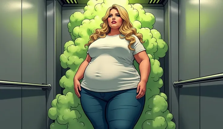 Beautiful blonde morbidly obese woman with a t-shirt and jeans releasing olive green fart fumes out of her buttcheeks in a grey elevator, comic book artstyle