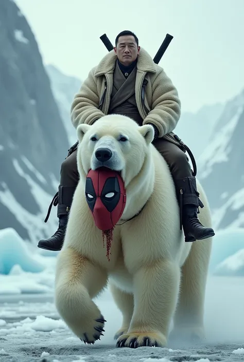 ozai, Korean actor Daniel Dae Kim, riding a polar bear with deadpool&#39;s head in its mouth with its head to the side