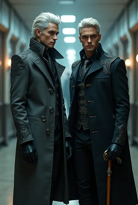 Kaz brekker from shadow and bone, with white hair and a gray overcoat is next to Magnus Bane of shawdowhuters, in the registration room.
