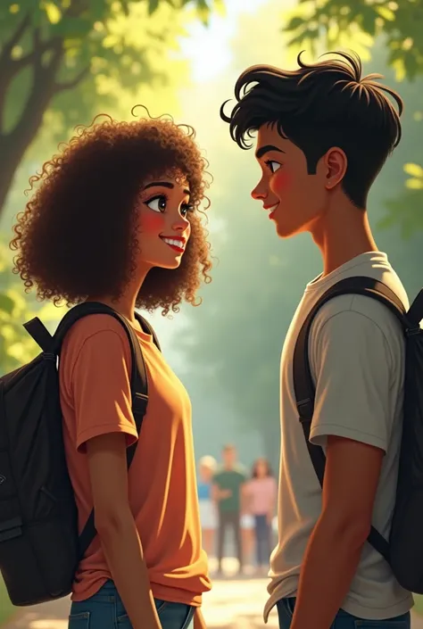 A couple of teenagers, brown woman with shoulder length curly hair. Black man with black hair 