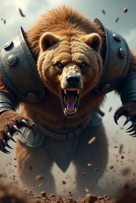 close up face angry warrior bear, claws showing, attacking, viking armor, attacking com a pata, armed with an axe 