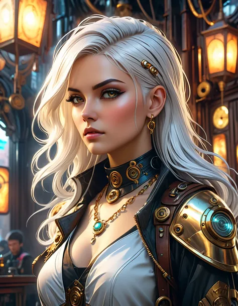 A hyperrealistic portrait of a cyberpunk woman with white long hair, side shaved haircut and a gold necklace, rendered in stunning character art, epitomizing an epic fantasy HD art style. This hyper-detailed fantasy character showcases exquisite artistry, ...