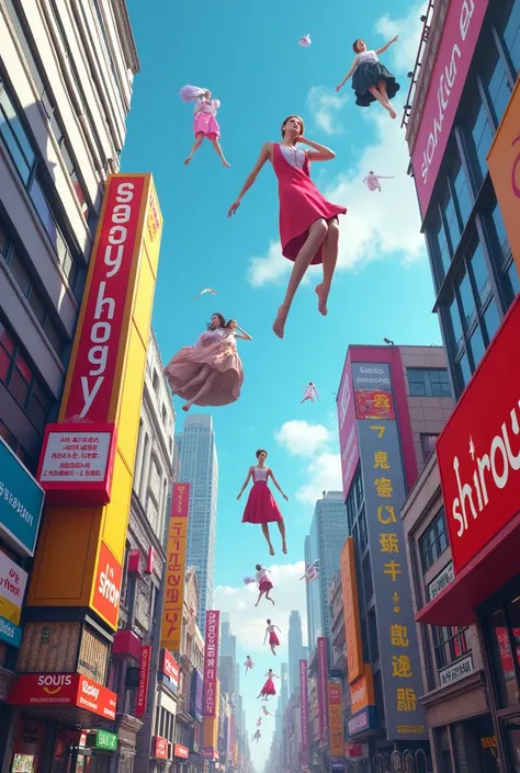 City with buildings on which there are signs with the text "showy", Flying clothes