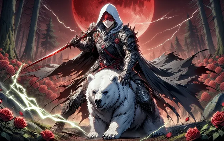 one man with a white hood with bear ears and a katana sits riding a polar bear in a forest while the blood moon shines, many ros...