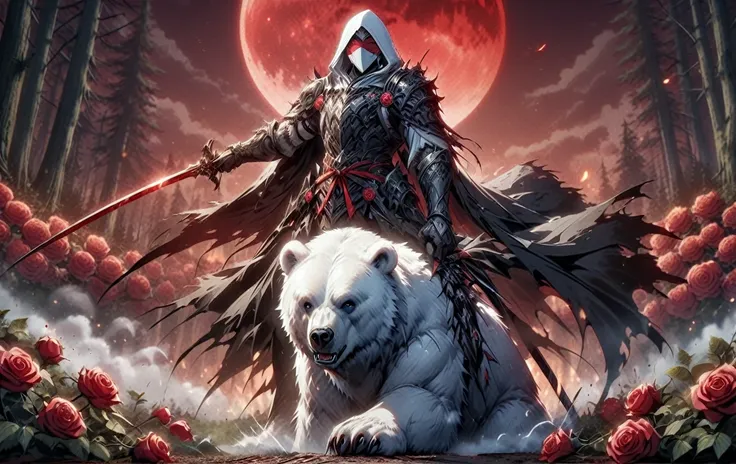 one man with a white hood with bear ears and a katana sits riding a polar bear in a forest while the blood moon shines, many ros...