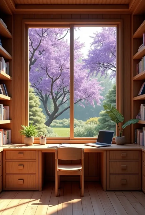 A wooden room with a bedroom, Bookcases, a wooden desk and chair with a medium-sized square-shaped glass window, overlooking a garden with jacaranda trees