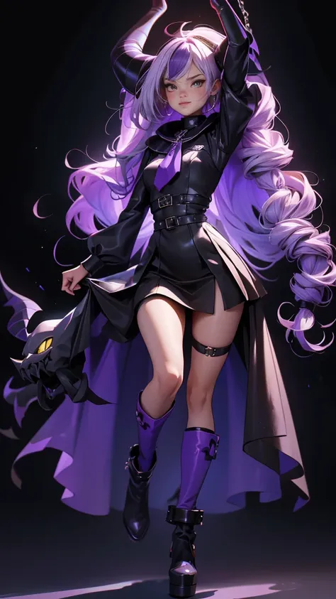 envision a 8k, highres, cinematic, beautiful full body design sheet of a girl floating using dark purple magic with purple chains wrapped around her exuding a severe dangerous aura named Laplus Darkness with long white muilticolored hair, a Large Metal Col...