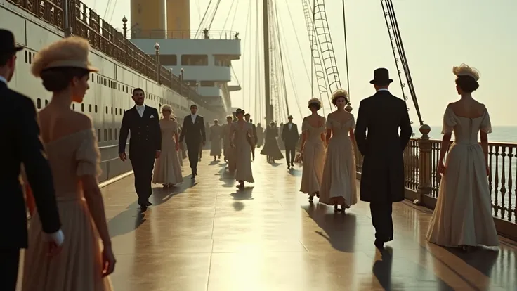 CINEMATOGRAPHIC SCENE FROM THE DECK OF THE TITANIC, A GREAT SHIP IN 1914, TO PARKED LIFE BOATS, PEOPLE WALKING AROUND IN ELEGANT CLOTHES FROM THE TIME OF 1914 LONDON