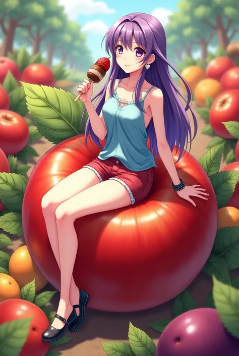 Saori Kido sitting on top of a ripe anime apple with long, loose, purple hair.. With a small and loose sky blue camisole with a red jean short .. With heart-shaped earrings, black shoes, and 2 bracelets on her right hand and with her left hand eating a str...