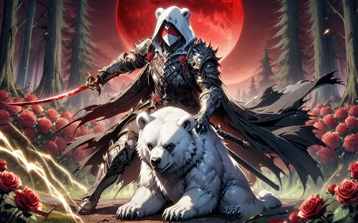 one man with a white hood with bear ears and a katana sits riding a strong polar bear in a forest while the blood moon shines, m...