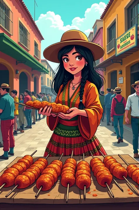 Bolivian cholita selling anticuchos drawn as a comic