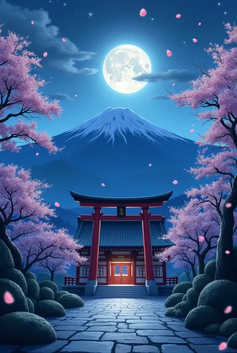 A moonlit night of japan with a shrine and mountains in the background