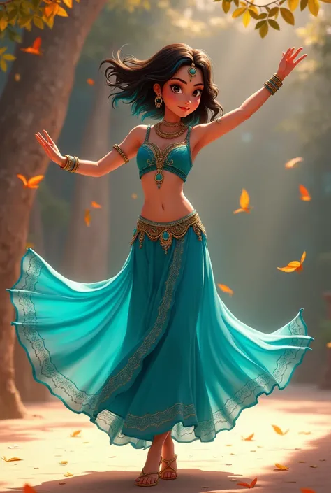 ((art animation 2D)) 20 year old woman with short wavy brown hair with dark blue dyed tips, with blue skin, Brown eyes, with good body, wearing a turquoise colored indian ballerina costume, dancing 