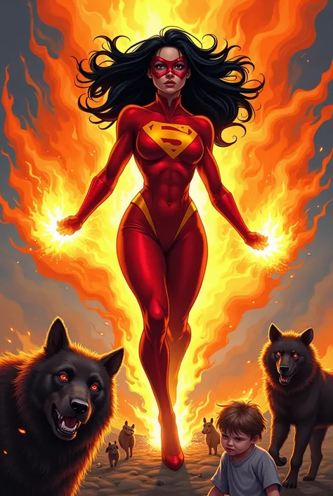 create a comic book cover that has a superhero on it, the superheroine has her red and orange outfit, black hair with red highlights, wear a mask, has the power to put out fires with his hands as if it were a fire extinguisher and is saving a frightened ch...