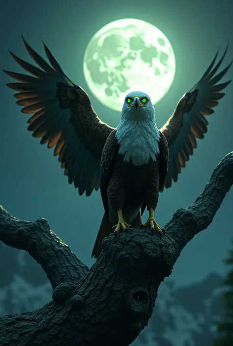 Generate a beautiful green eyed eagle on a tall tree ultra realistic 8k full hd with moon light 